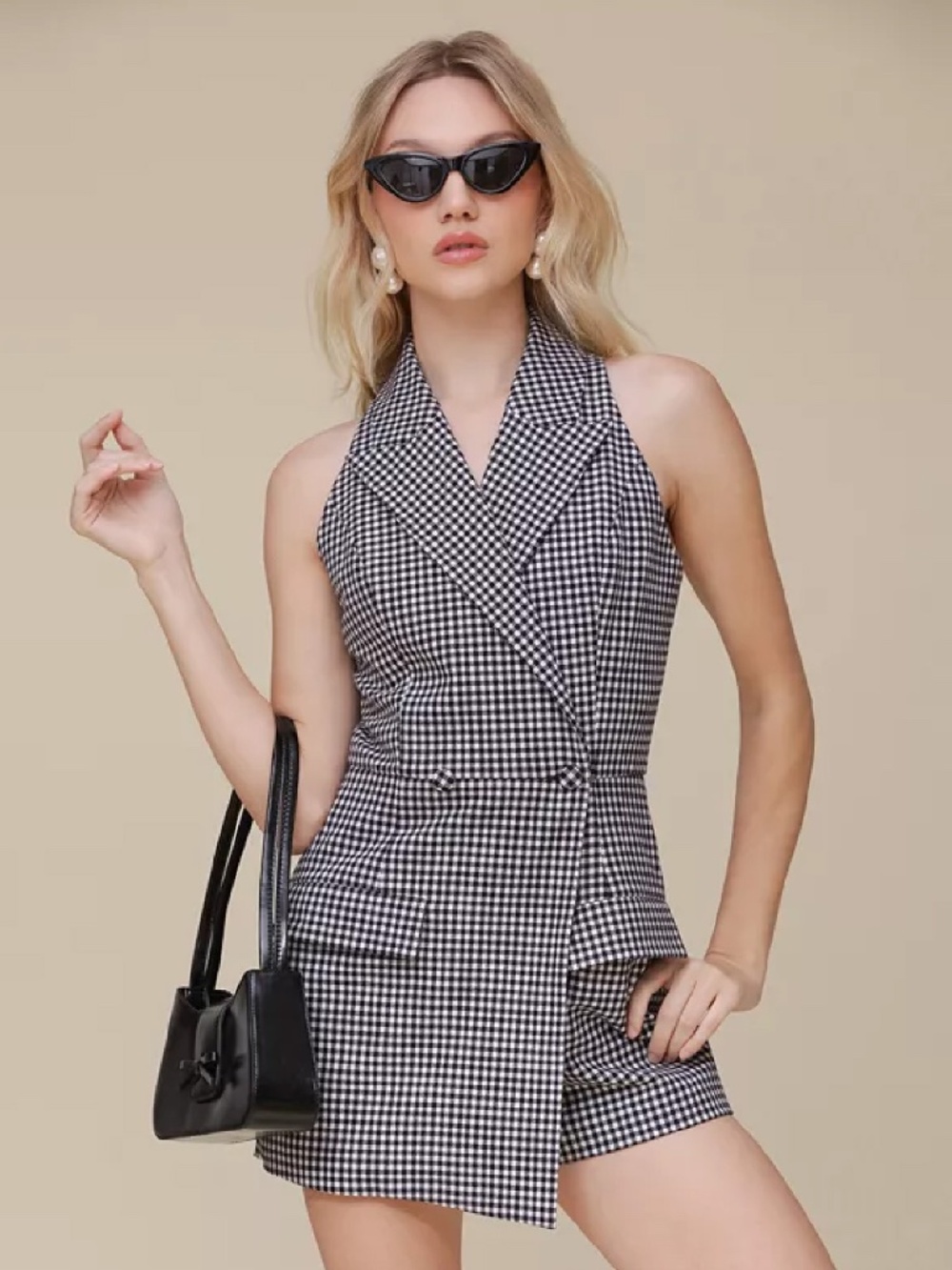 Avec Les Filles Gingham Tailored Romper Dress